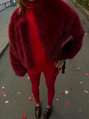 Spring Jacket Women Red Faux Fur