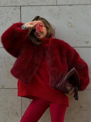 Spring Jacket Women Red Faux Fur