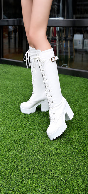 Square Heel White Platform Boots Women