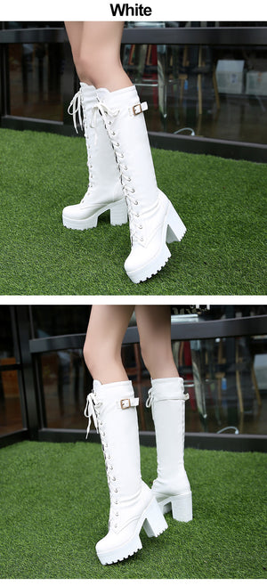 Square Heel White Platform Boots Women