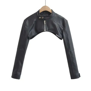 Black stand collar techwear jacket with full zip closure