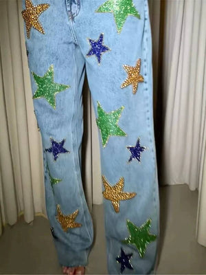Star Sequin Embellished Jeans Y2K