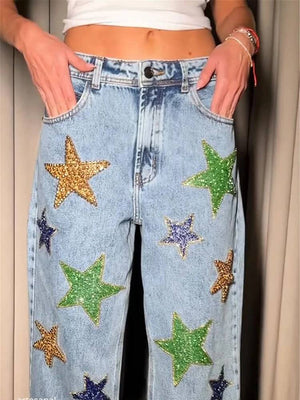 Star Sequin Embellished Jeans Y2K