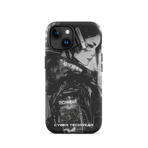 Statement iPhone Case Black for iPhone 15, back view of the black and white anime woman with headset print