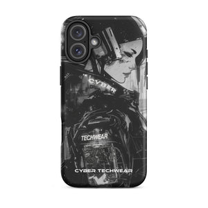 Statement iPhone Case Black for iPhone 16 Plus, back view of the black and white anime woman with headset print