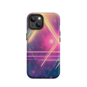 Statement Triangle iPhone Case for iPhone 14, back view of the neon triangle lines on pink and purple haze print
