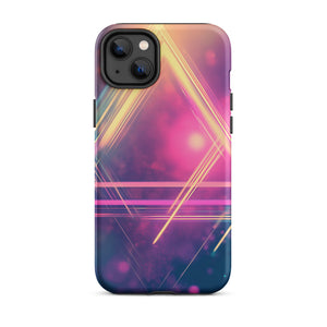 Statement Triangle iPhone Case for iPhone 14 Plus, back view of the neon triangle lines on pink and purple haze print