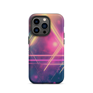 Statement Triangle iPhone Case for iPhone 14 Pro, back view of the neon triangle lines on pink and purple haze print