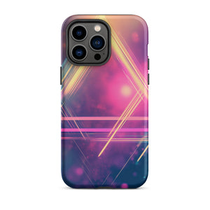 Statement Triangle iPhone Case for iPhone 14 Pro Max, back view of the neon triangle lines on pink and purple haze print