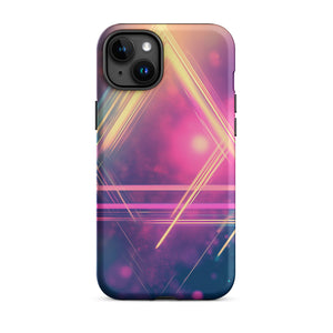 Statement Triangle iPhone Case for iPhone 15 Plus, back view of the neon triangle lines on pink and purple haze print