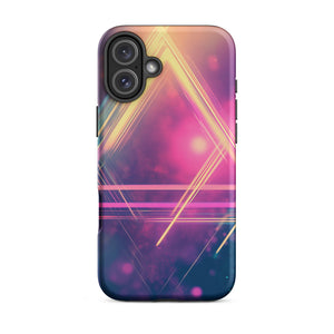 Statement Triangle iPhone Case for iPhone 16 Plus, back view of the neon triangle lines on pink and purple haze print