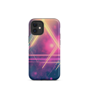 Statement Triangle iPhone Case for iPhone 12 mini, back view of the neon triangle lines on pink and purple haze print