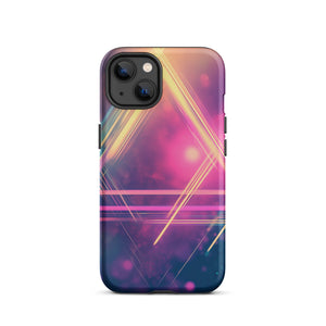 Statement Triangle iPhone Case for iPhone 13, back view of the neon triangle lines on pink and purple haze print