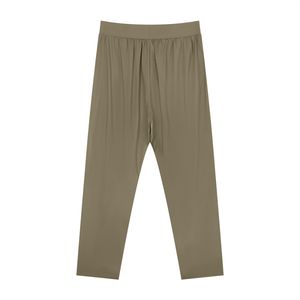 Khaki athletic pants laid flat from the back, clean straight legs and wide elastic waistband