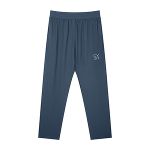 Blue straight leg athletic pants laid flat, front view with elastic waist, slash pockets and small logo