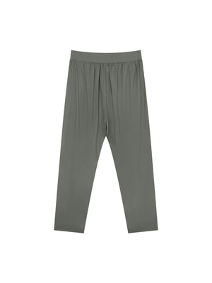 Second back view of the Gray athletic pants laid flat, ankle length straight legs and smooth waistband