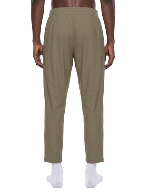 Back view of the Khaki straight leg pants on a model, smooth seat and elastic waistband