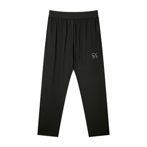 Black Straight Leg Gym Sweatpants laid flat, front view with the wide elastic waistband and small thigh logo