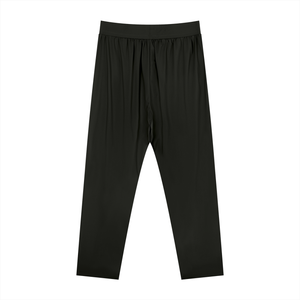 Black athletic pants laid flat from the back, plain straight legs and smooth elastic waistband