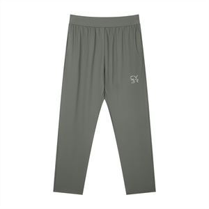 Gray straight leg athletic pants laid flat, front view with the smooth elastic waist and light logo on the thigh