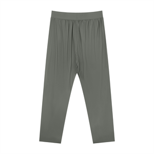 Gray athletic pants laid flat seen from the back, showing the straight leg cut down to the open hem