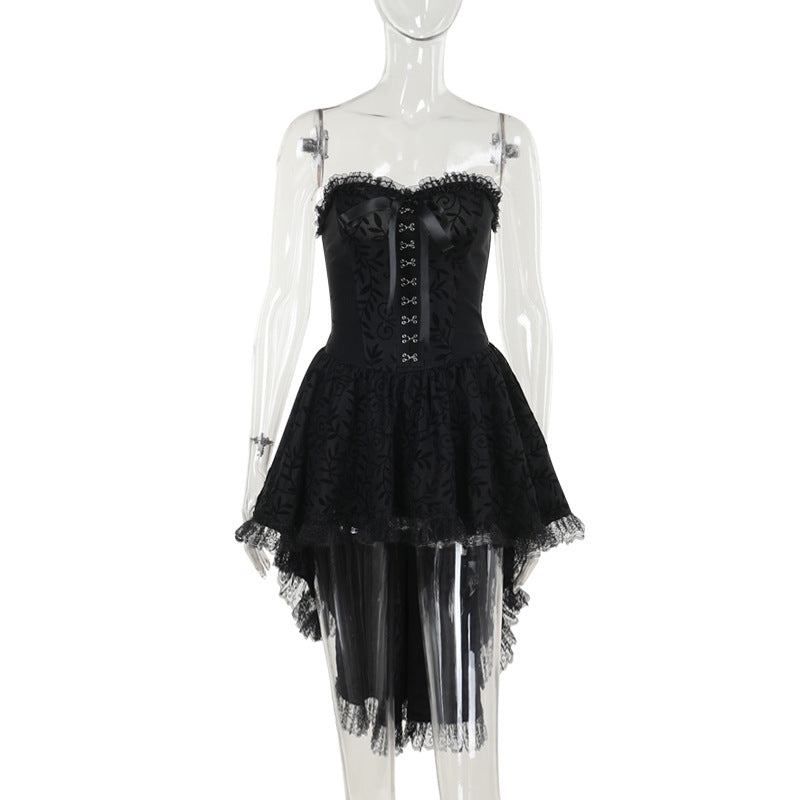 corset dress goth Gothic Ruffled Lace-up Corset Dress Suit, A