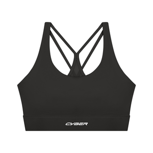 Strappy Cyber Yoga Sports Bra in black laid flat, front, scoop neck and a small CYBER wordmark on the band