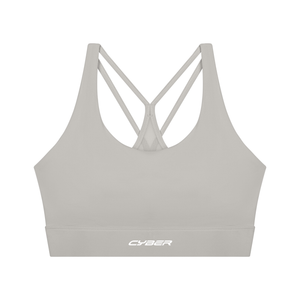 Light gray colourway laid flat from the front, scoop neck and thin straps rising to the shoulders
