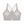 Back of the light gray sports bra, the straps crossing over a mesh panel above the logo on the band