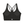 Back of the black sports bra laid flat, thin straps crossing in a star over the mesh panel and padded cups