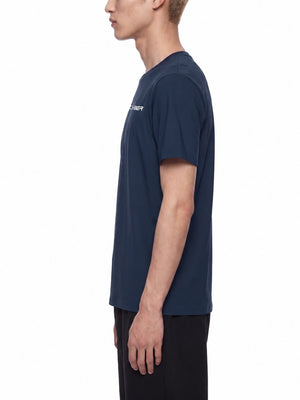 Side view of the Navy Blue slim fit training t-shirt on a model, close fit and sleeve length