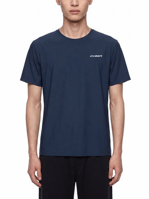 Navy Blue training t-shirt worn front view on a white background, white wordmark on the chest