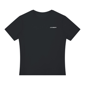 Black Stretch Athletic T Shirt laid flat, front view with crew neck and small white wordmark