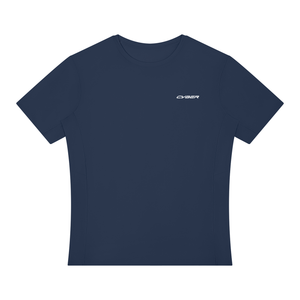 Navy Blue Stretch Athletic T Shirt laid flat, front view with small white chest wordmark