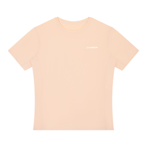 Light Pink Stretch Athletic T Shirt laid flat, front view with crew neck and white wordmark