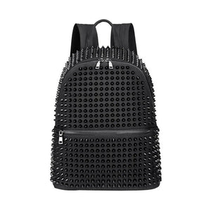 Black canvas backpack covered in black cone studs with a double zip closure