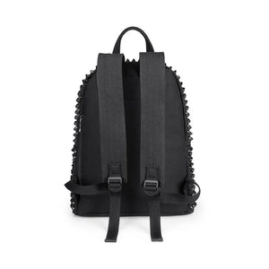 Black canvas backpack covered in black cone studs with a double zip closure