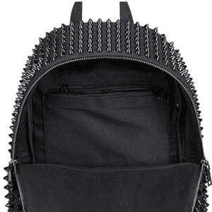 Black canvas backpack covered in black cone studs with a double zip closure