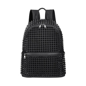 Black canvas backpack covered in black cone studs with a double zip closure