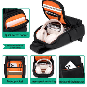 Black sling bag sized for a 7.9 inch tablet with a wide chest strap