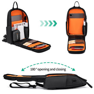 Black sling bag sized for a 7.9 inch tablet with a wide chest strap