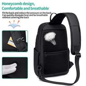 Black sling bag sized for a 7.9 inch tablet with a wide chest strap