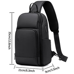 Black sling bag sized for a 7.9 inch tablet with a wide chest strap