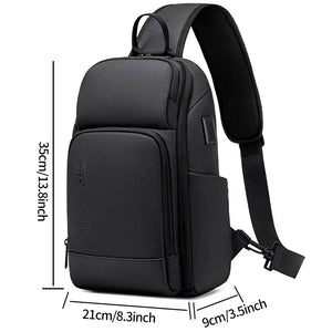 Black sling bag sized for a 7.9 inch tablet with a wide chest strap