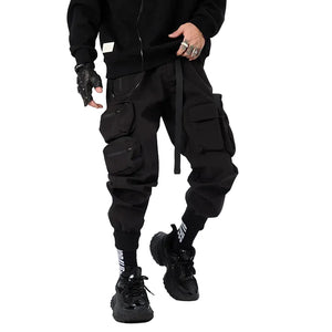 Black tactical multi pocket cargo pants in a regular fit