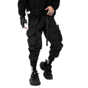 Black tactical multi pocket cargo pants in a regular fit