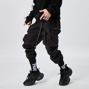 Black tactical multi pocket cargo pants in a regular fit
