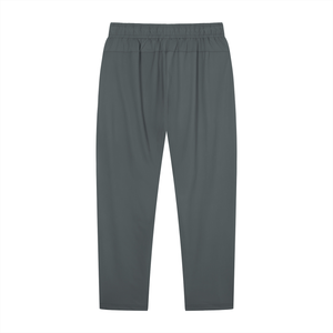 Dark Gray workout pants laid flat from the back, elastic waistband and tapered ankle length legs