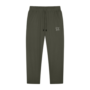 Gray Green tapered workout pants laid flat, front view with drawstring and small tonal logo
