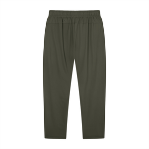 Gray Green tapered pants laid flat from the back, showing the elastic waist and slim lower leg